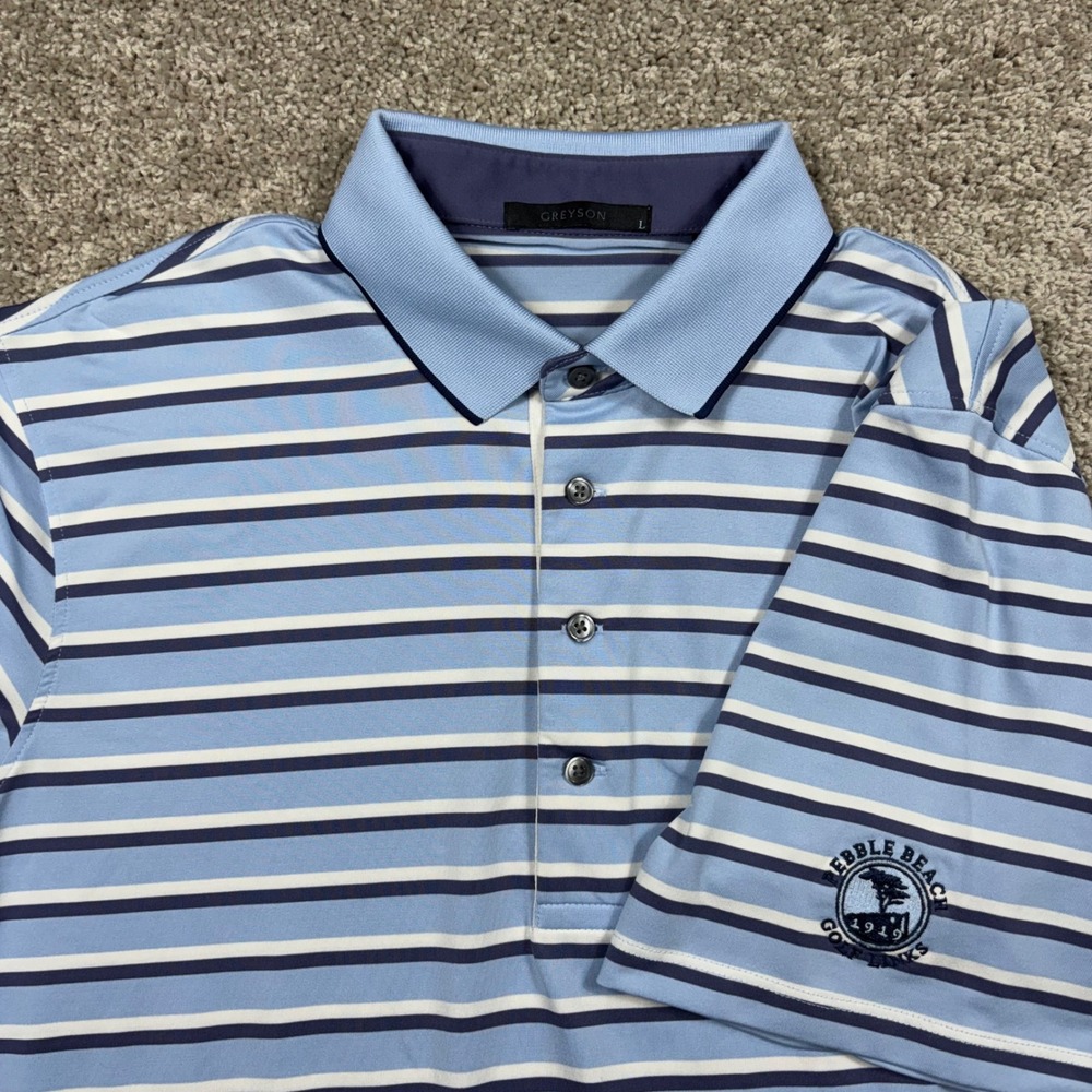 Greyson Mens Pebble Beach Golf Links Striped Polo Shirt Blue Large Short Sleeve